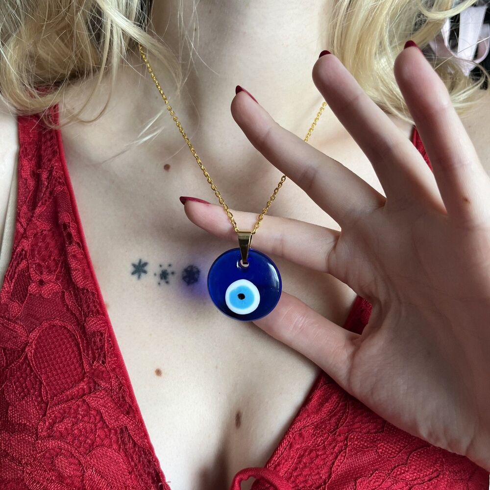 Handmade Glass Evil Eye Necklace 18" Gold Chain Talisman Protective Amulet